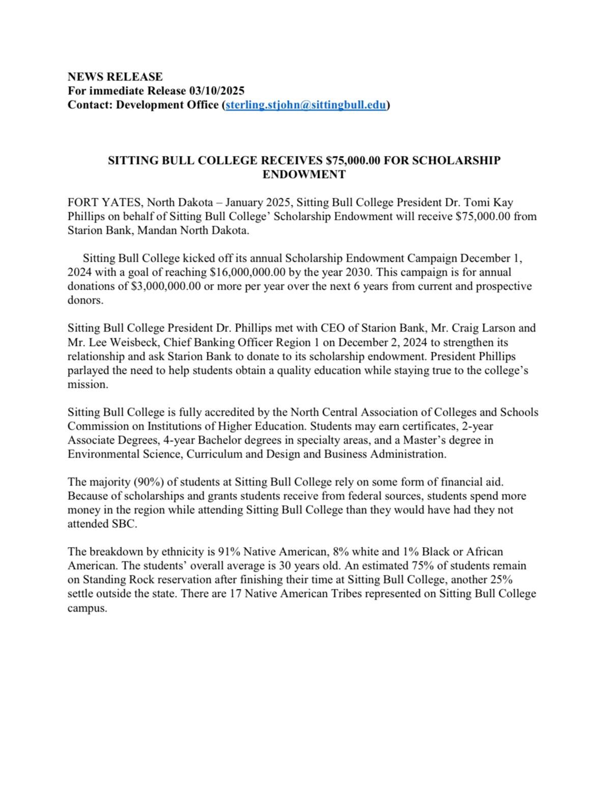 Sitting Bull College Receives $75,000 for Scholarship Endowment - image